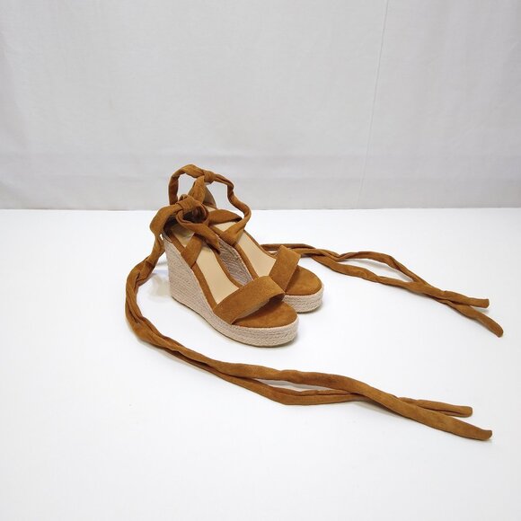 Tan Suede Espadrille Sz 7 Wedge Sandal Sexy Lace-up Ankle Strap Braided Platform - Picture 1 of 7